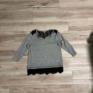 Democracy Gray With Black Lace Split V-Neck